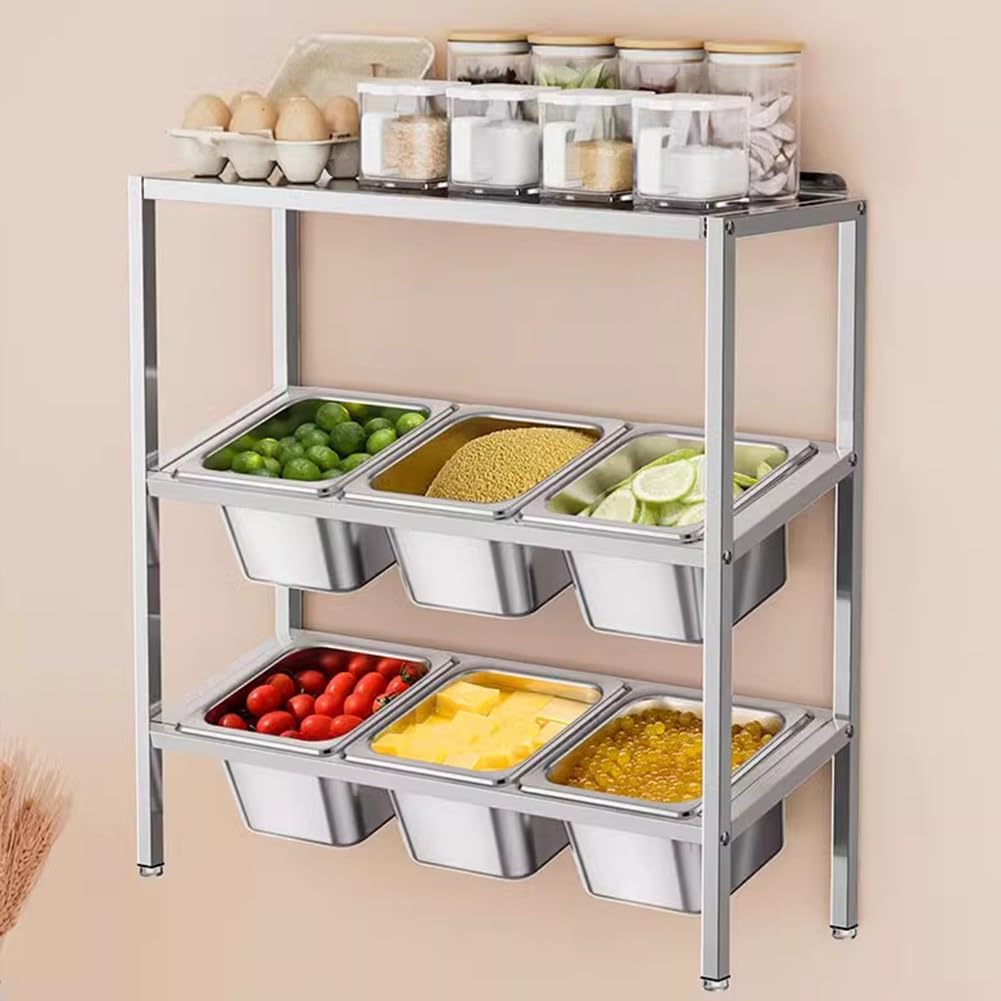 Floor/Hanging Pizza Toppings Dispenser, Countertop Stainless Steel Condiment Seasoning Container, 6-Slot Condiment Holder, Commercial Condiment Rack Set for Salad Bar