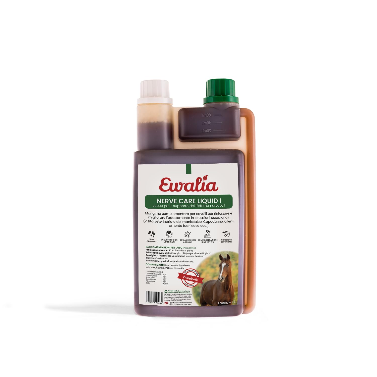 EWALIA Succo nervoso I – Supporto lenitivo per cavalli in situazioni stressanti – Aiuto naturale per visite veterinarie, allenamento e altro ancora, sviluppato con veterinari, 100% pura natura, 1