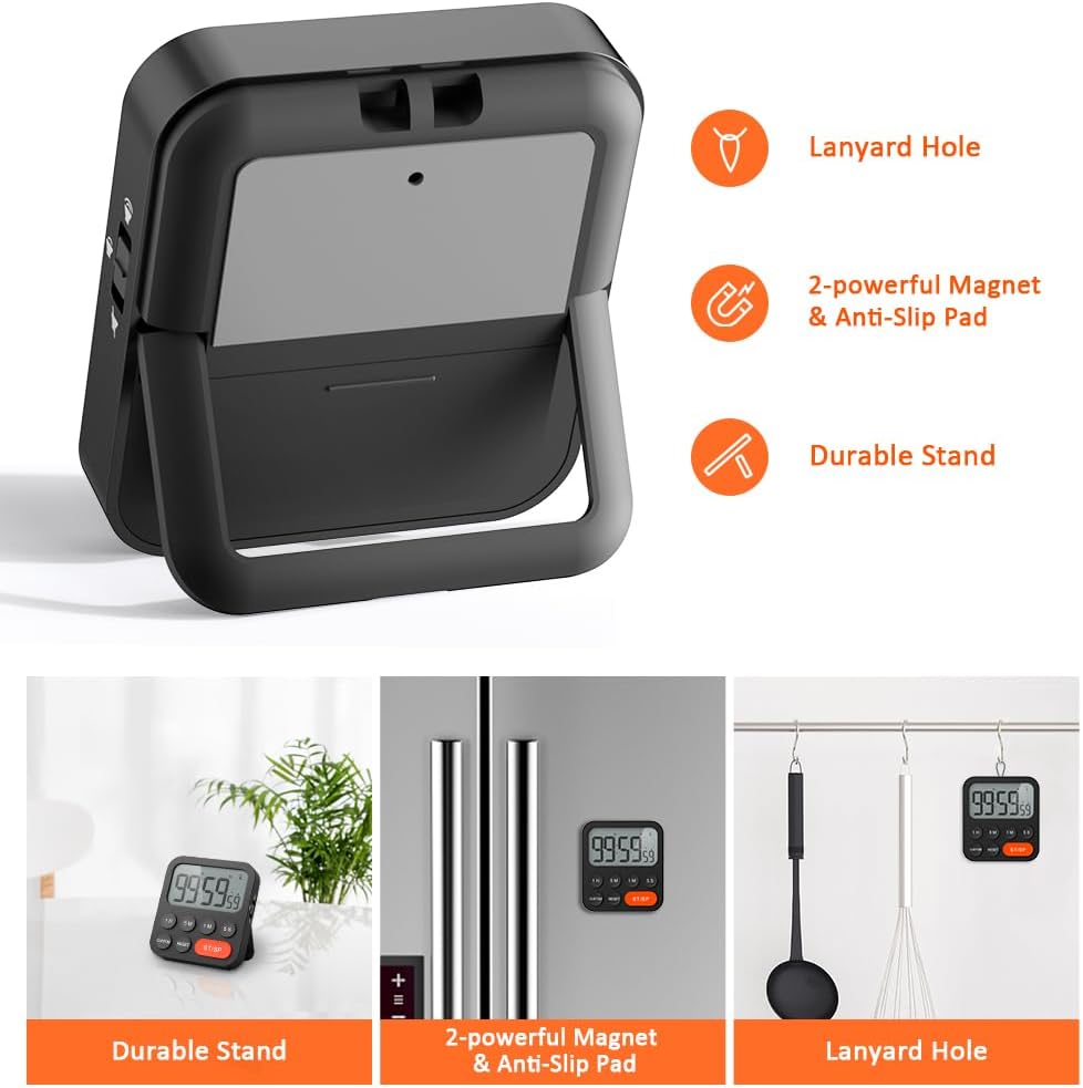 Image demonstrating the three placement options: Durable Stand, 2-powerful Magnet & Anti-Slip Pad, and Lanyard Hole. Each option is shown with an example of the timer in use.