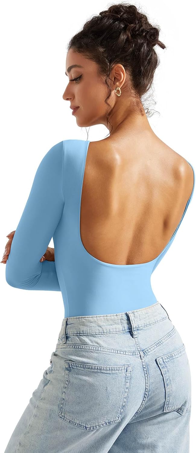 SUUKSESS Women Backless Y2k Long Sleeve Bodysuit Double Lined Open Back Sexy Basic Top - Image 3
