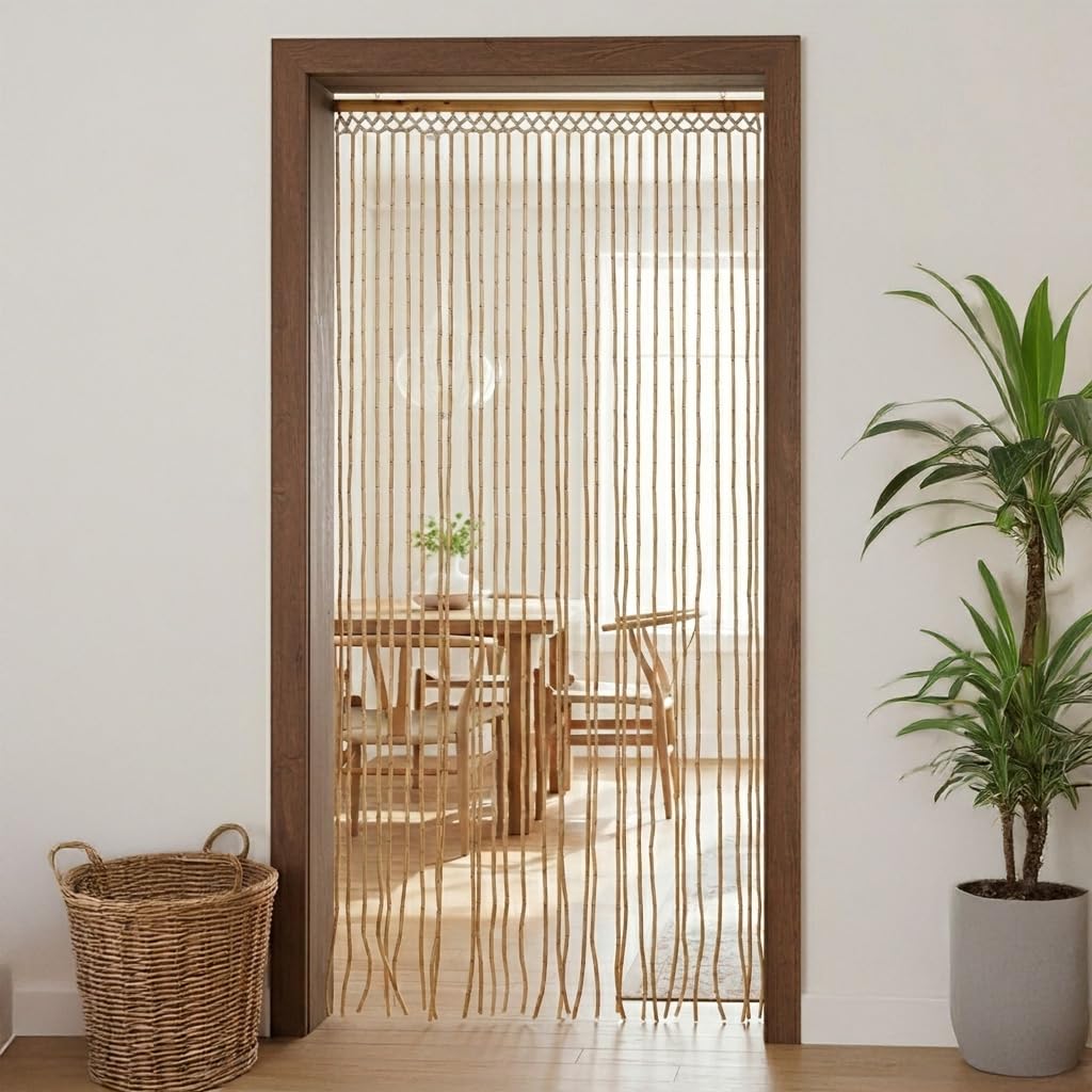 Holzperlen Türvorhang mit 31 Strängen 180 x 90 cm - Natur - Retro Perlenvorhang im Boho Chic Design - Holzperlenvorhang Fliegenvorhang Raumteiler Deko Tür Wand Fransen Perlen Vorhang