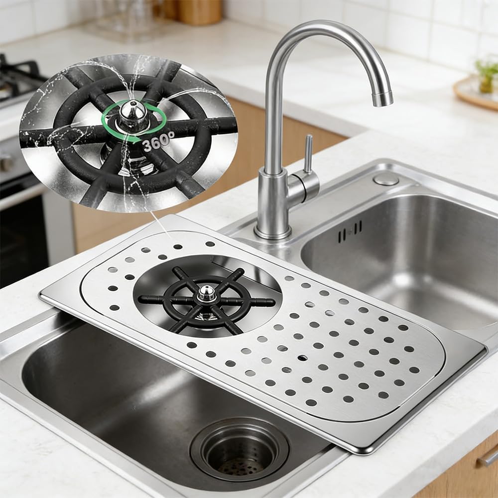 Layver Pitcher Rinser with 360 Degree Rotating High-Pressure Nozzle, Stainless Steel Glass Rinser with Drain and Drip Tray, Auto Cup Washer for Household and Commercial