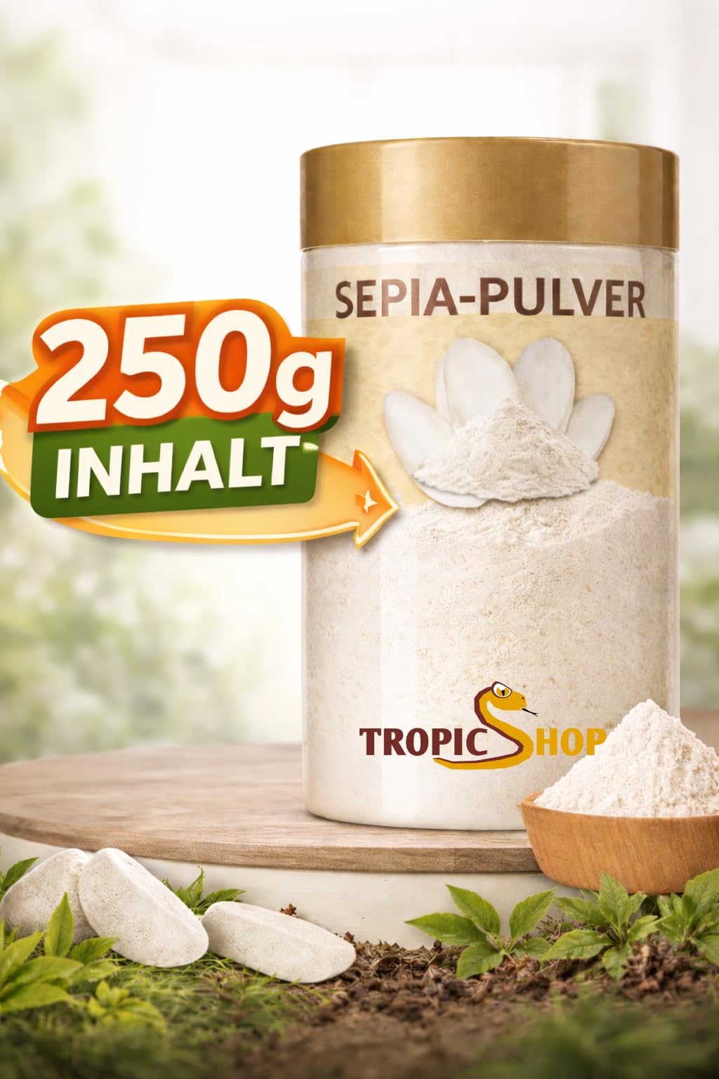 Tropic Shop Sepia proszek 250 g – naturalny wapń dla gadów, żółwi i ptaków – drobno zmielony, idealny do zapylania paszy – bardzo wydajny