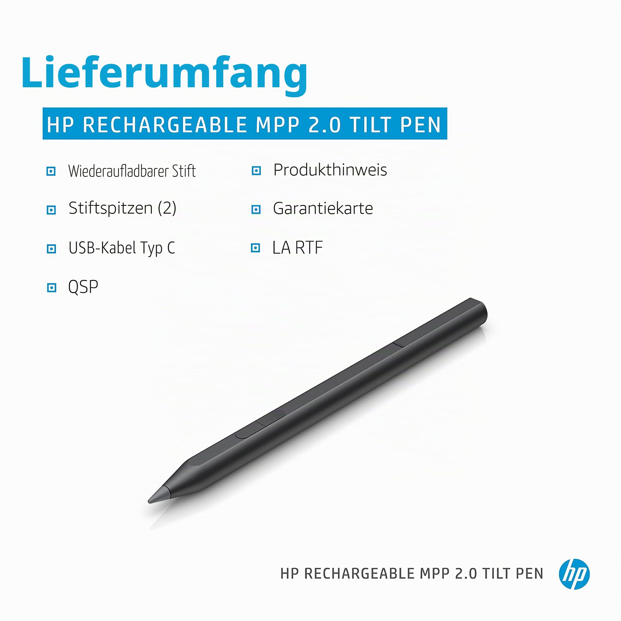 HP MPP 2.0 Stift, wiederaufladbar, neigbar, für Touchscreen-Geräte • Personalisierbares und kompaktes Design mit Magnetkörper • 1 Jahr eingeschränkte Garantie • Schwarz (3J122AA)