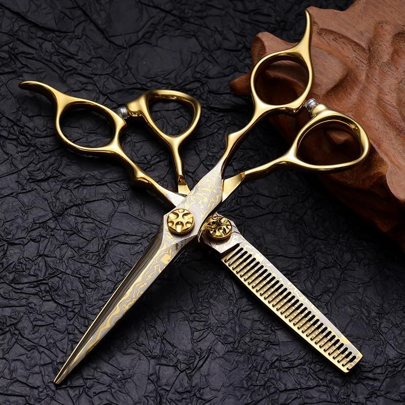 Hair Cutting Shears, 6 Inch Professional Hairdressing Set440C Steel Gold Hair Cutting Haircut Thinning Barber Cut Shears Hairdressing Set