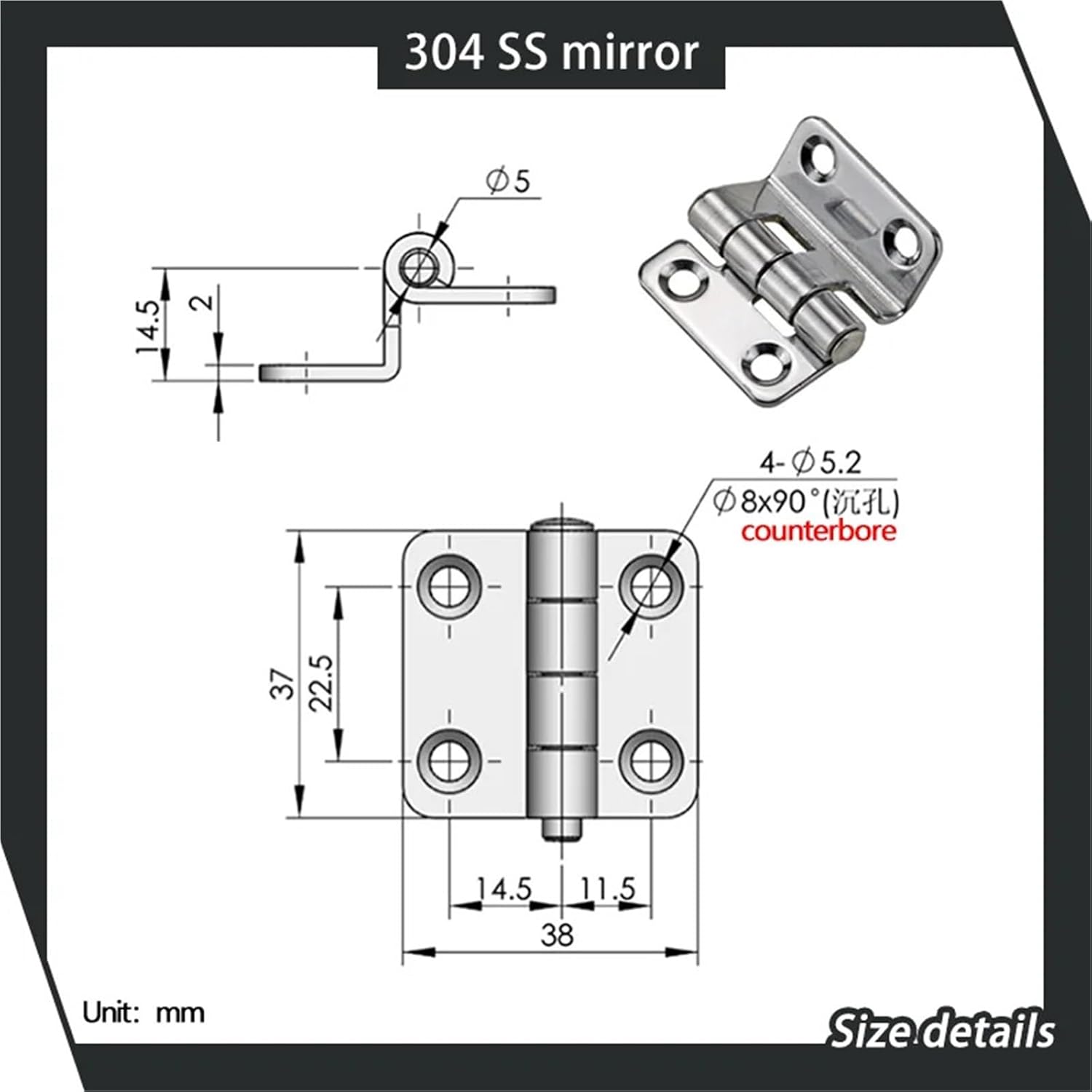 Right Angled Curved Door Hinge Made of 304 Stainless Steel 1Pcs