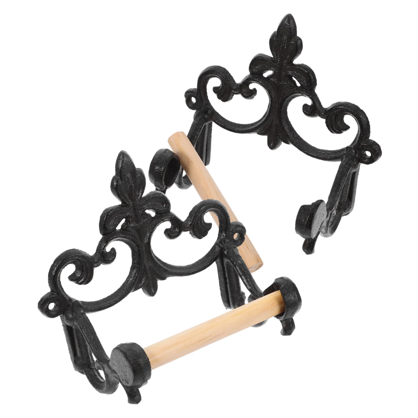 Portarrollos de Papel Higiénico Vintage de Hierro Negro, 2 Piezas | Montaje en Pared, Acabado Madera, Formato Doble para Organización y Artículos de Baño