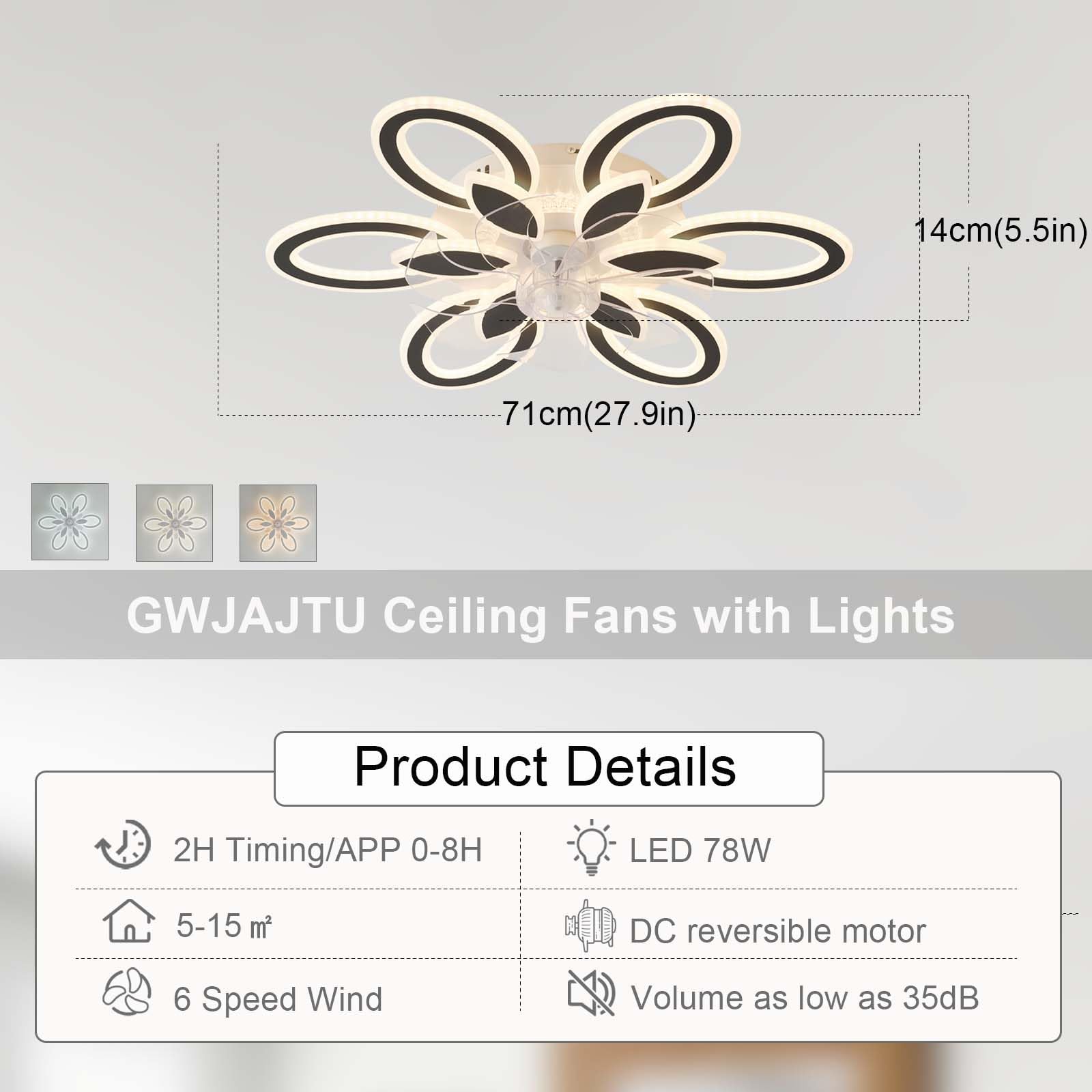 LED Lampe Mit Ventilator Leise Reversibel 6 Geschwindigkeiten Deckenleuchte Mit Ventilator, Dimmbar Timer Deckenventilator Mit Beleuchtung Und Fernbedienung Für Schlafzimmer Wohnzimmer, Schwarz