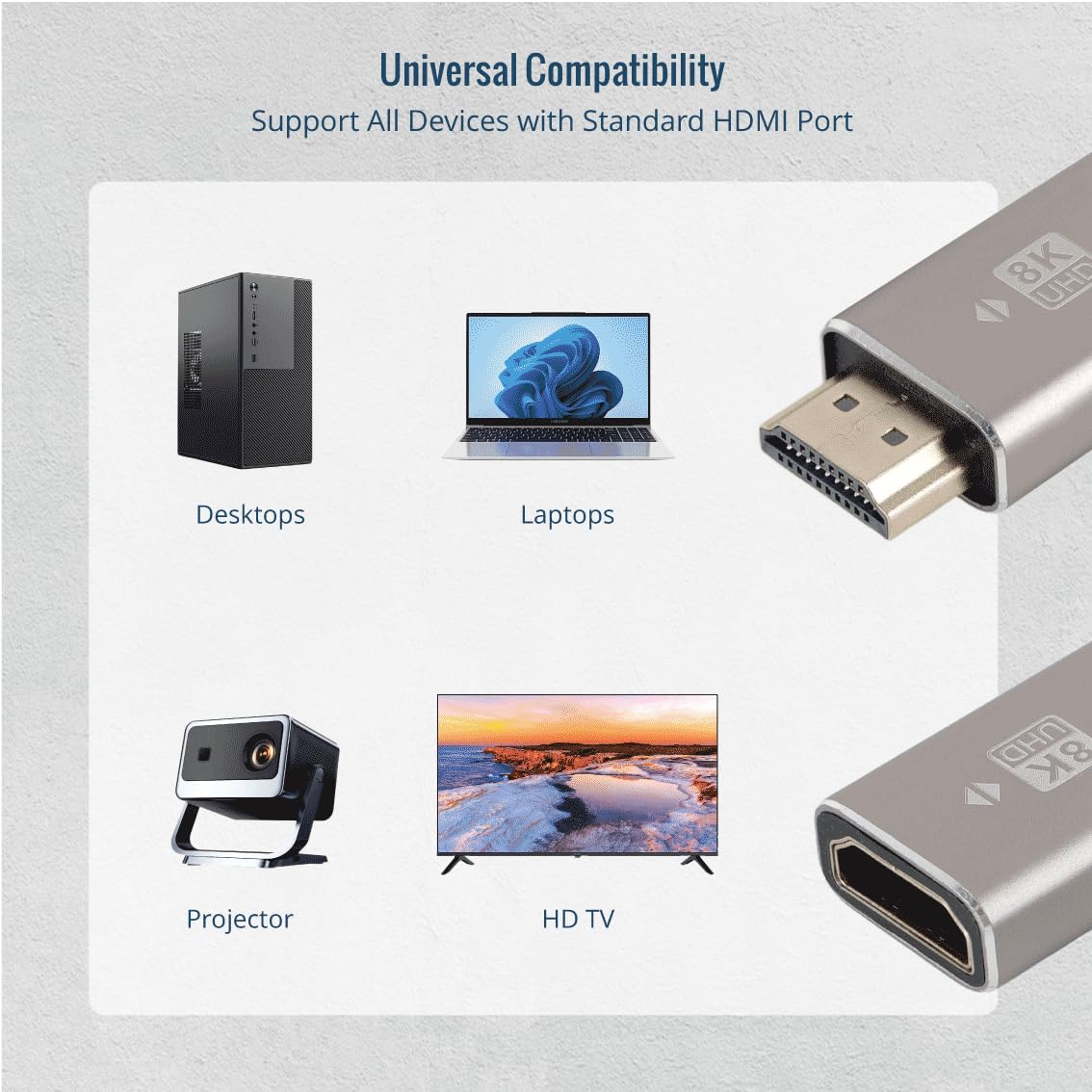 Tecmojo Adaptador HDMI 8K, adaptador de extensión HDMI 2.1 macho a hembra, compatible con 8K a 60Hz / 4K a 120Hz para laptop, PC, monitor, proyector, Roku TV, 1 paquete