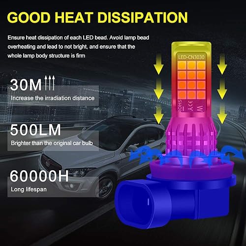 Miniatura 4 de 2 bombillas LED H8 H9 H11 antiniebla de limón verde, 24 LED 3030 chips superbrillantes, bombillas LED de repuesto DRL para automóviles, camiones,