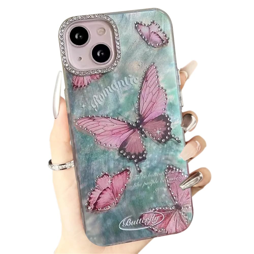 mobistyle Designed for iPhone 15 Cover Glitter Diamond Butterfly Design Phone Back Cover Case (Pink Butterfly)
