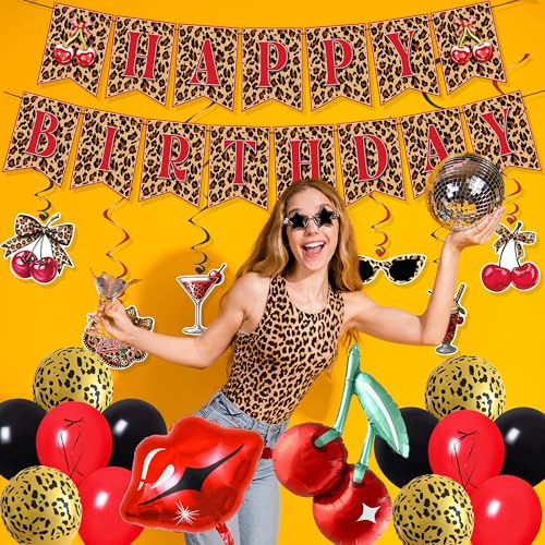 Image of Holkcog Cheetah and Cherry Birthday Decorations,Red Leopard Birthday Banner | Red Black Cheetah and Cherry Print Background, Cherry Cupcake Top, Red Leopard Pattern Party Supply for Girls Women