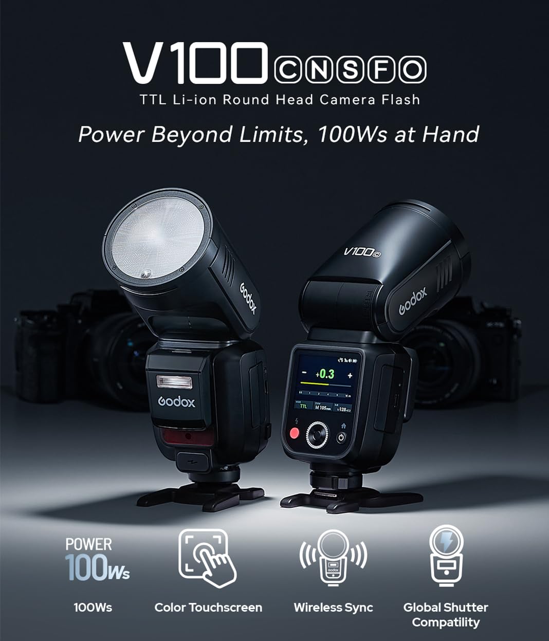 Godox V100-F V100F TTL lampa błyskowa do aparatu Fuji, Godox V1PRO-F ulepszona, okrągła głowica 100 W z ekranem OLED i SU-1, 2,4 G HSS 1/8000s Li-Ion 7,2 V/2980 mAh