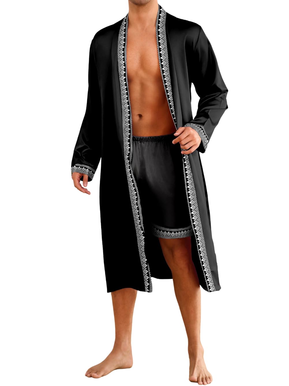 Mens Satin Bath Robe with Shorts Set, Silk Paisley Kimono Lightweight, Soft Long Sleeve Sleepwear