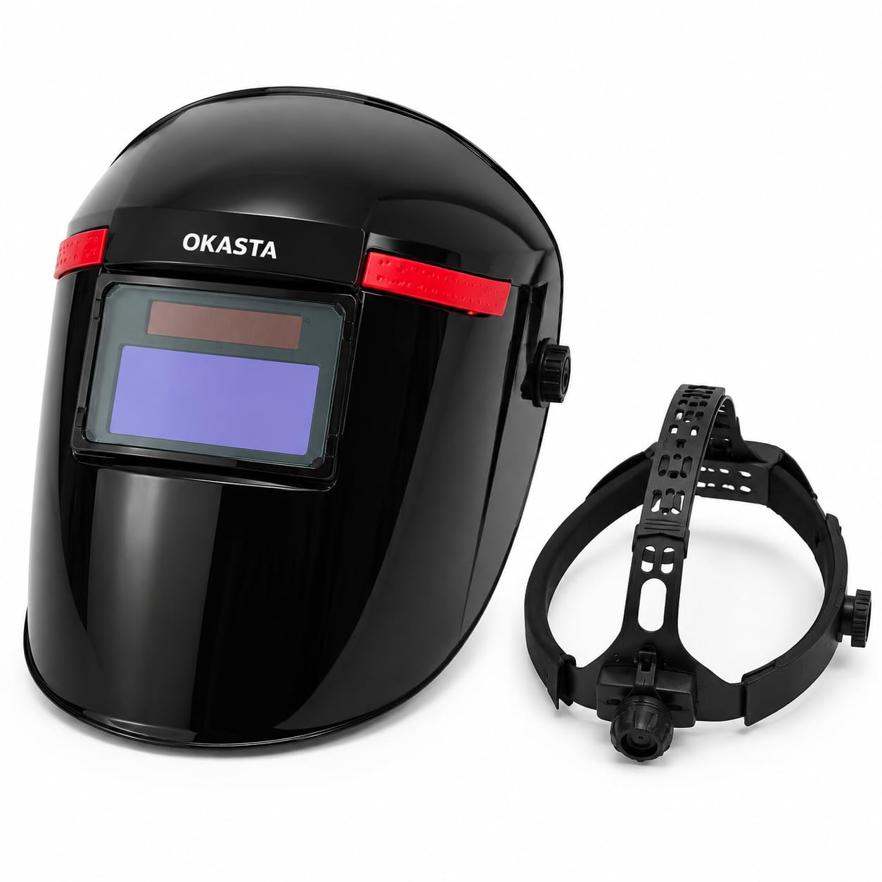 okasta auto-darkening welding helmet, black | solar powered lens, adjustable headgear, arc welding use, wide view window, lightweight design