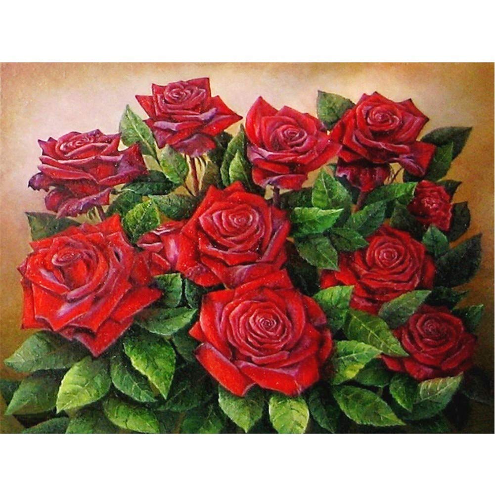 Broderie Diamant Fleur Rose Rouge 5D DIY Grand Format 50x70cm avec Strass Ronds