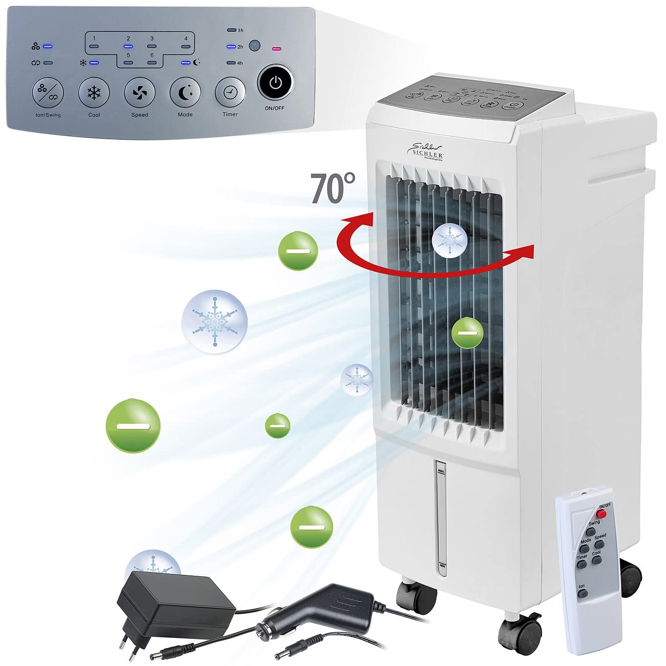 Sichler Haushaltsgeräte Verdunstungs Luftkühler: 3in1-Luftkühler, Luftbefeuchter, Ionisator, 12/230V, 5l, 20W, 250ml/h (mit Wasserkühlung, Klimaanlage Zigarettenanzünder, 12V)