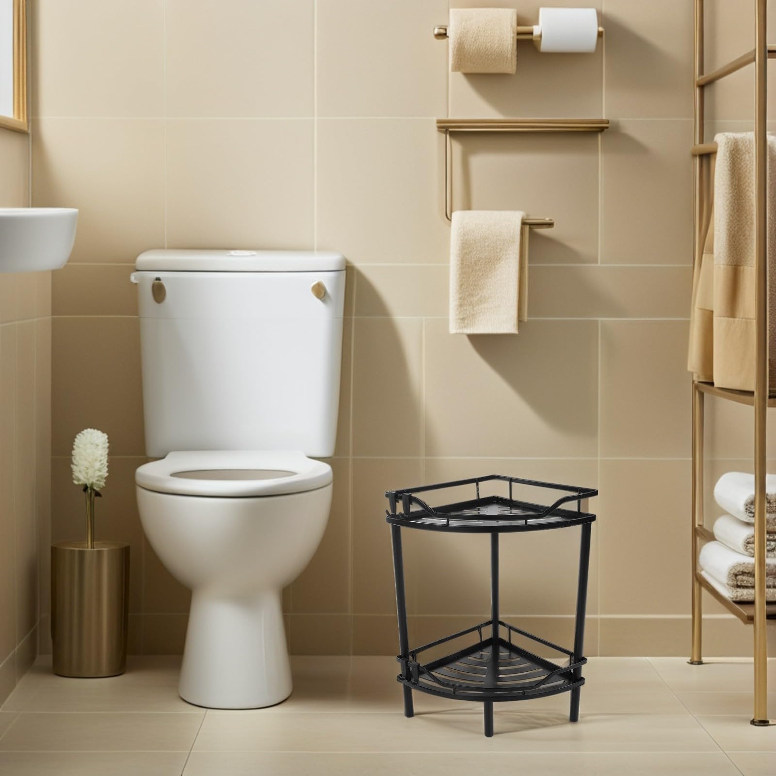 Ciieeo Estante de Baño de Esquina de Pie Negro, Acero al Carbono, 2 Niveles