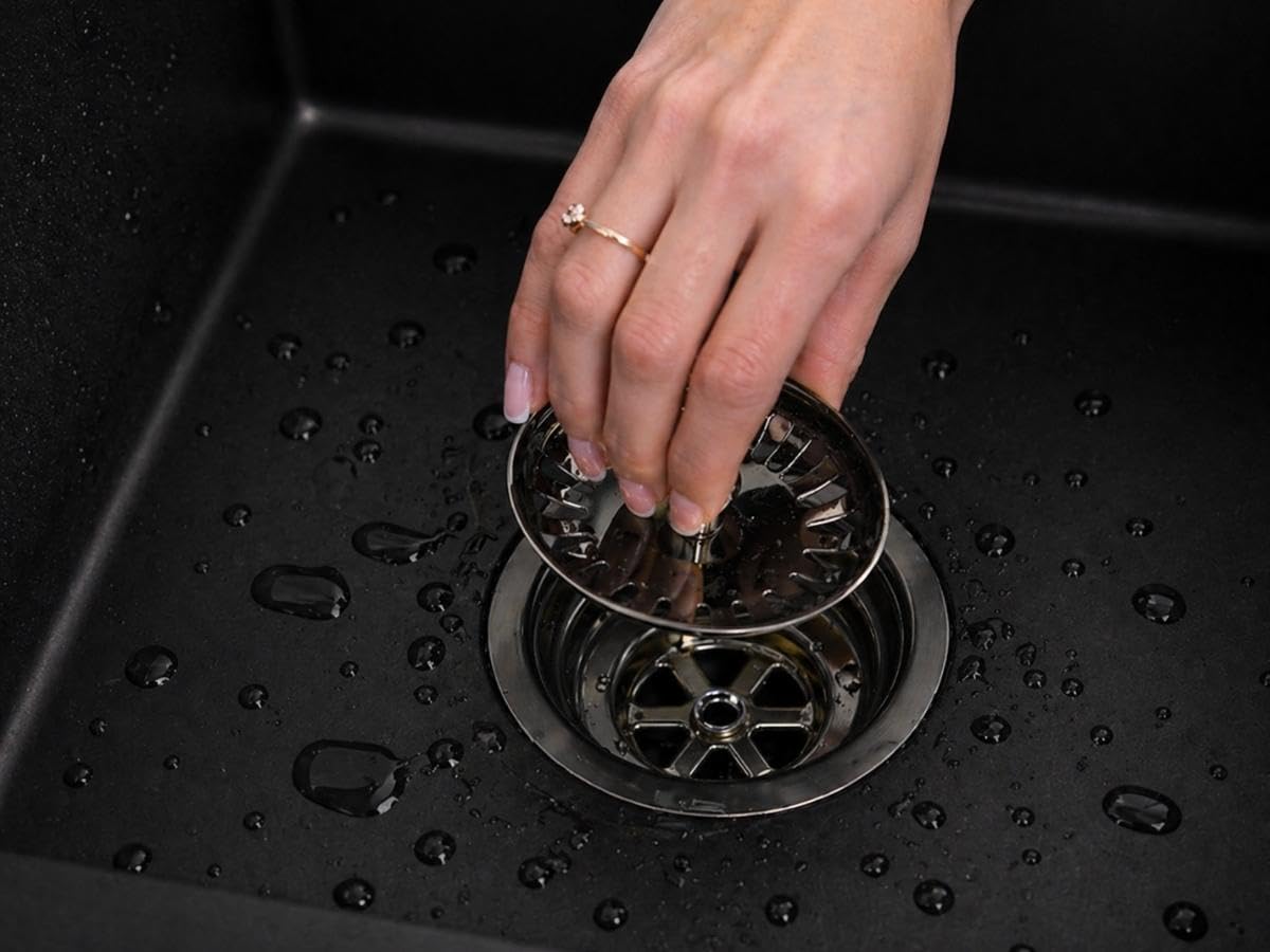 GranMaster Premium Raumsparsiphon für 2-Becken-Spülbecken Gunmetal – Ablaufgarnitur mit Exzenterbedienung, rundem Überlauf und Geräteanschluss für Waschmaschine/Geschirrspüler