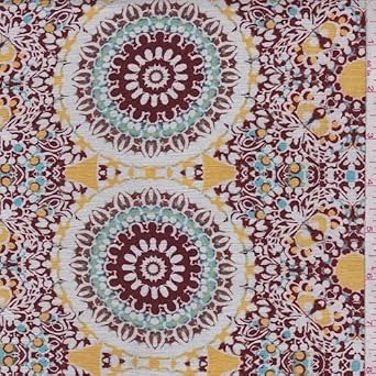 Merlot/Gold/Turquoise Circle Medallion Rayon Crinkle Fabric by The Yard, 1yd Length
