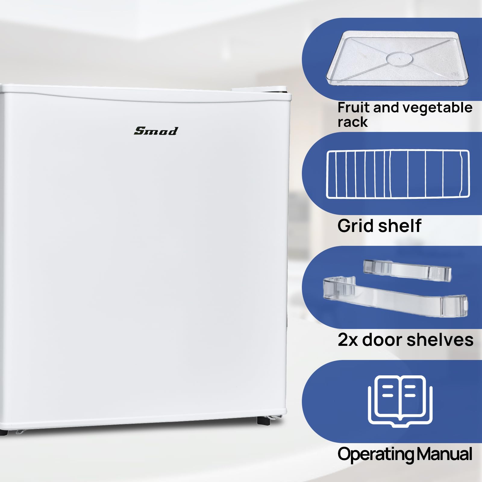 Smad Table Top Mini Fridge 48L, 0-10°C Temperature Control with 6 Adjustable Settings, 39dB Quiet Operation, Reversible Door, 100°C Heat-Resistant & Heavy-Duty Top Cover, 240V Domestic Fridge, White — view 11