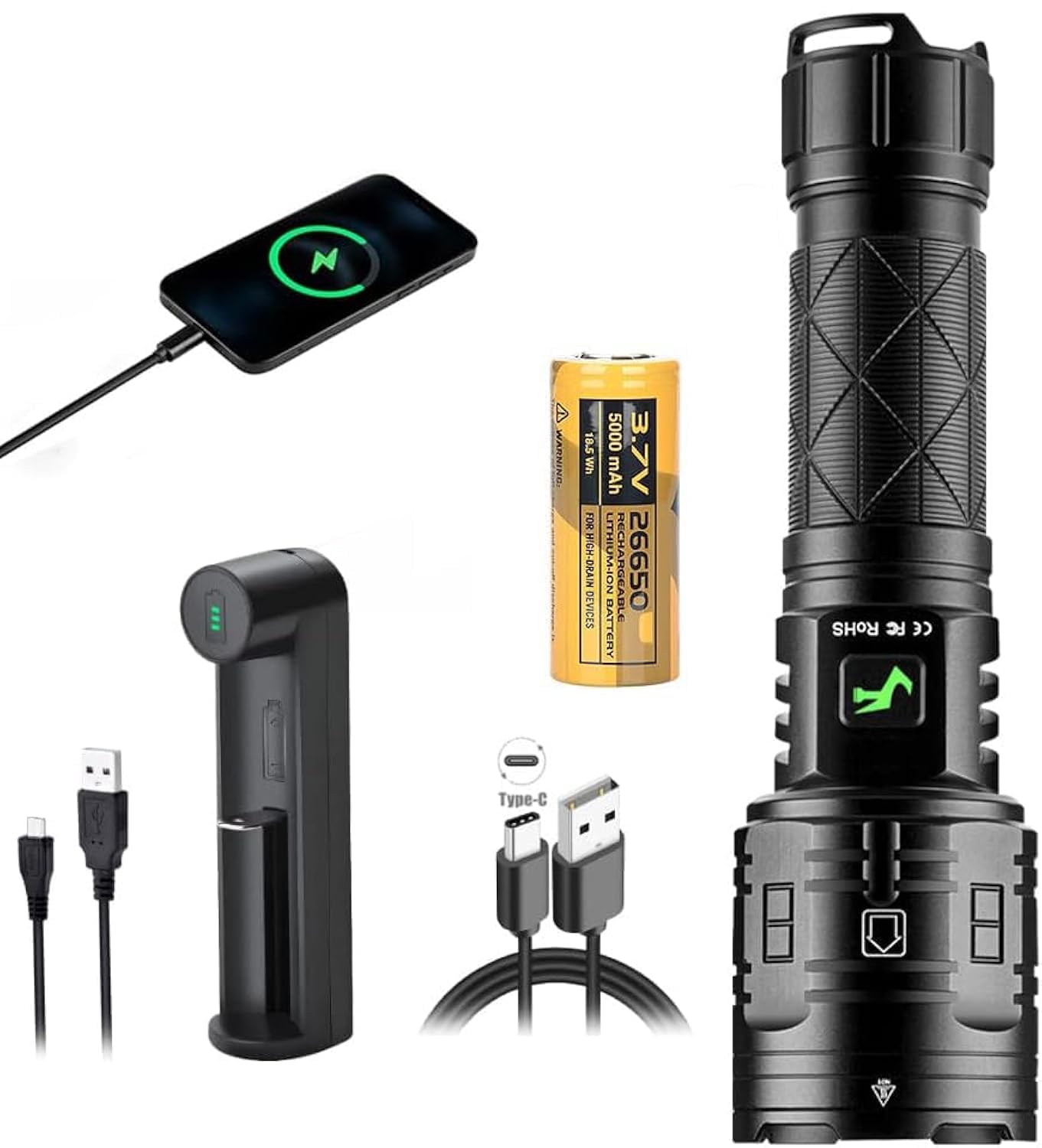 0TO1 TECH Rechargeable Flashlight, 90000 Lumens Excess, LED Excess Tactical Flashlight, Mobile Phone Rechargeable, XHP160 Zoom Waterproof, Five Modes, Suitable for Outdoor Travel, Camping, Emergency