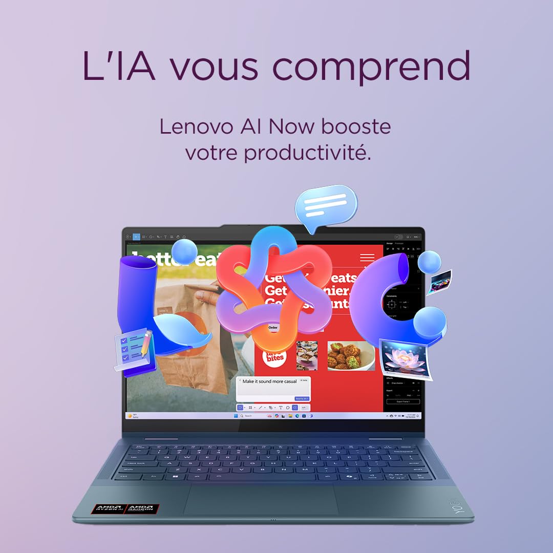 Lenovo Yoga 7 2-in-1 14AKP10 Ordinateur Portable 14" OLED AMD Ryzen AI 5 340 RAM 16Go SSD 512Go AMD Radeon 840M Windows 11 Home Clavier AZERTY Tidal Teal