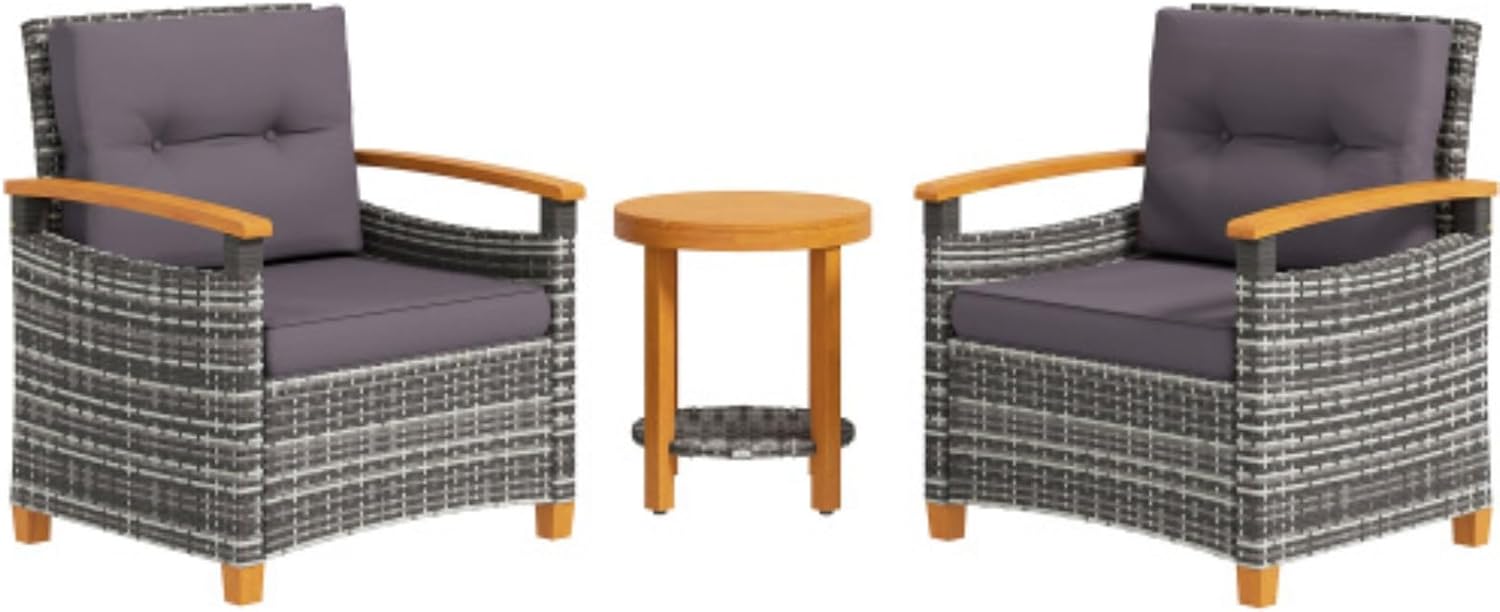 3-Piece Patio Bistro Set, Table and Chair Set, Patio Furniture, Wooden with Cushions, PE Wicker, for Porch, Backyard, Garden, Gray