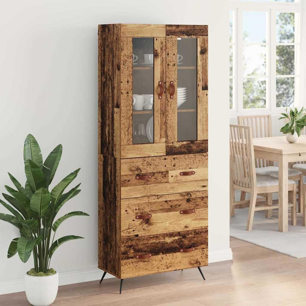 Armadio alto con ripiano in legno anticato, 69,5 x 34 x 180 cm, per sala da pranzo, soggiorno, comò rustico con ante in vetro e vano portaoggetti, ideale come credenza, credenza o credenza
