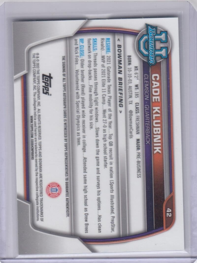 Football Trading Card 2022 Bowman Chrome University Prospects Autograph #42 Cade Klubnik EX++ Excellent++ Auto