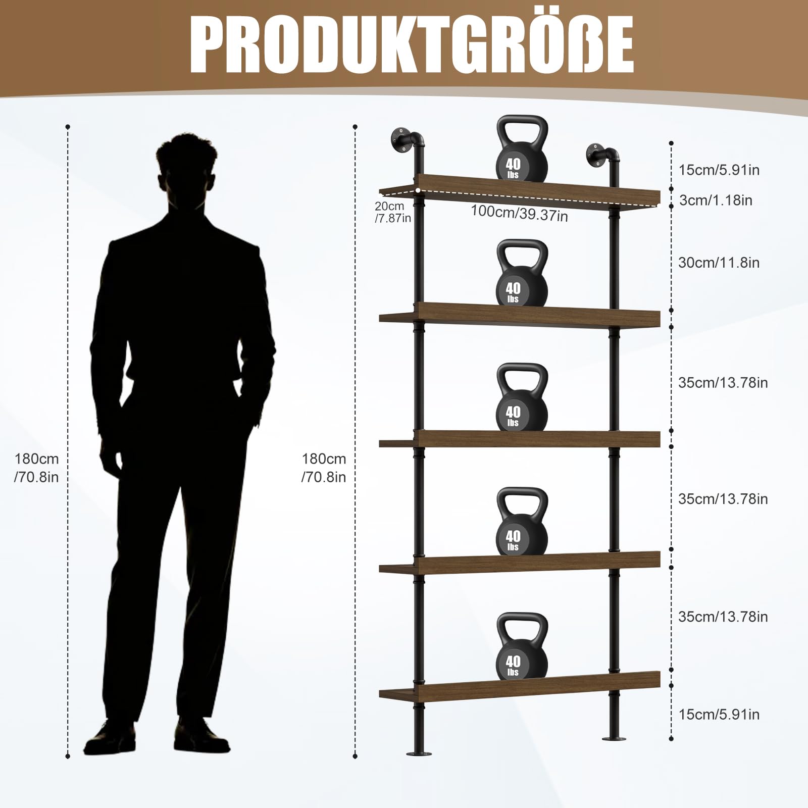 Weinregal Wand mit LED 5 Ebenen Wandmontage Wine Display-Ständer Weinregal für Die Wand aus Metall & Massivholz Wandmontierte Weinregal Bar Regal für Bars,Weinkeller,Küche,Restaurants 20x100x180CM