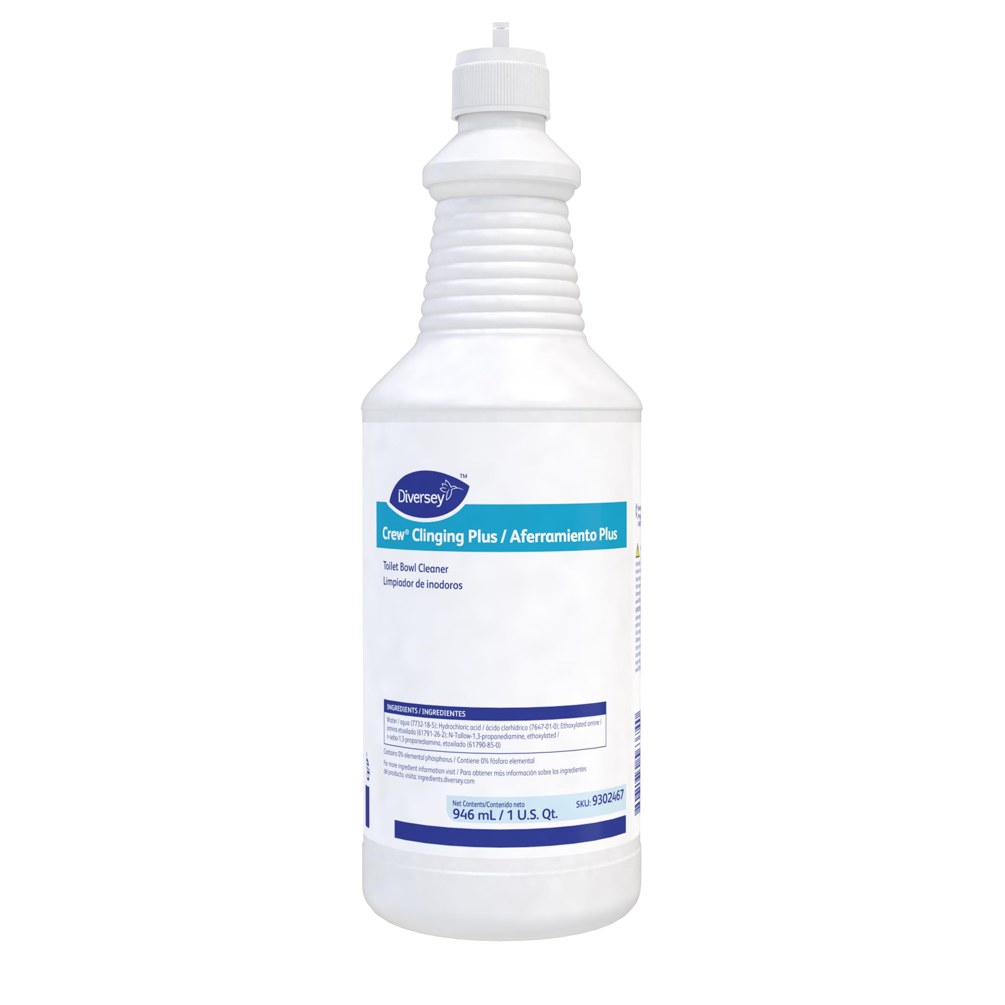 crew diversey 9302467 clinging plus toilet bowl cleaner, commercial strength formula cleans urinals, ceramic, porcelain, unscented green liquid, ready-to-use squeeze, 1 quart