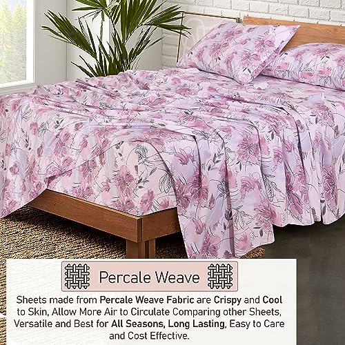 RUVANTI 100% Cotton Sheets Queen Size Set, 4 Pieces, Soft & Breathable Percale Weave Bedding, Deep Pocket 16", Hotel Standard, Crisp Cool Feeling, Durable, Perfect Floral Bed Sheet, Lilac Floral