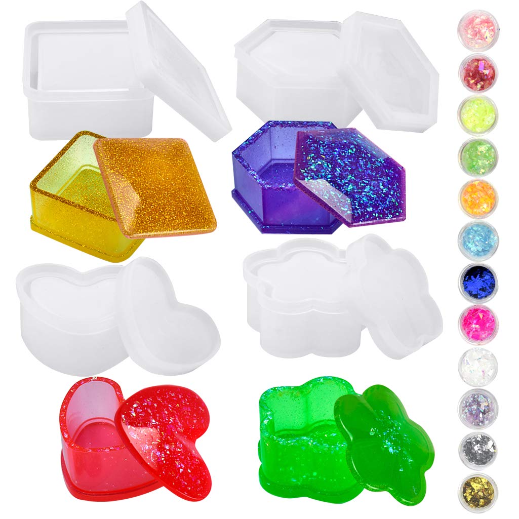 4pcs Box Resin Molds+12pcs Shell Glass Paper Silicone Resin Molds Jewelry Box Molds with Heart Shape, Hexagon,Flower, Square Epoxy Molds for Resin Crafts DIY