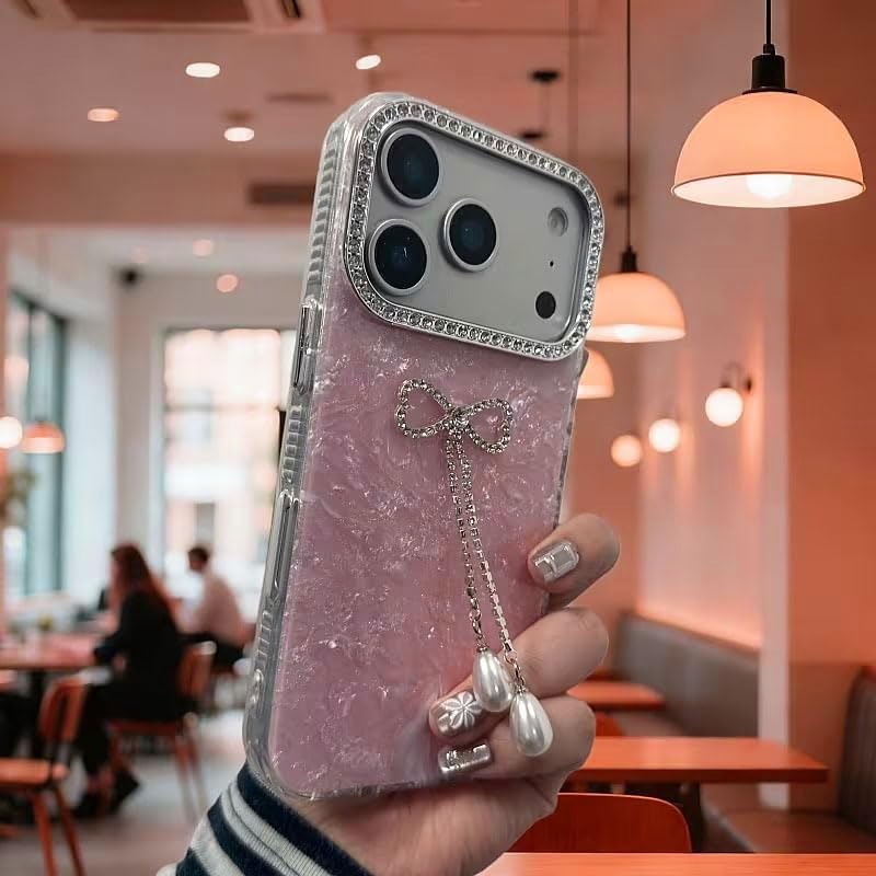 Image of mobistyle Designed for iPhone 17 Pro Max | Shell Pattern with Bow Tassel and Daimond Camera Lens Protection Back Cover Case for Women Girls iPhone 17 Pro Max (Pink)