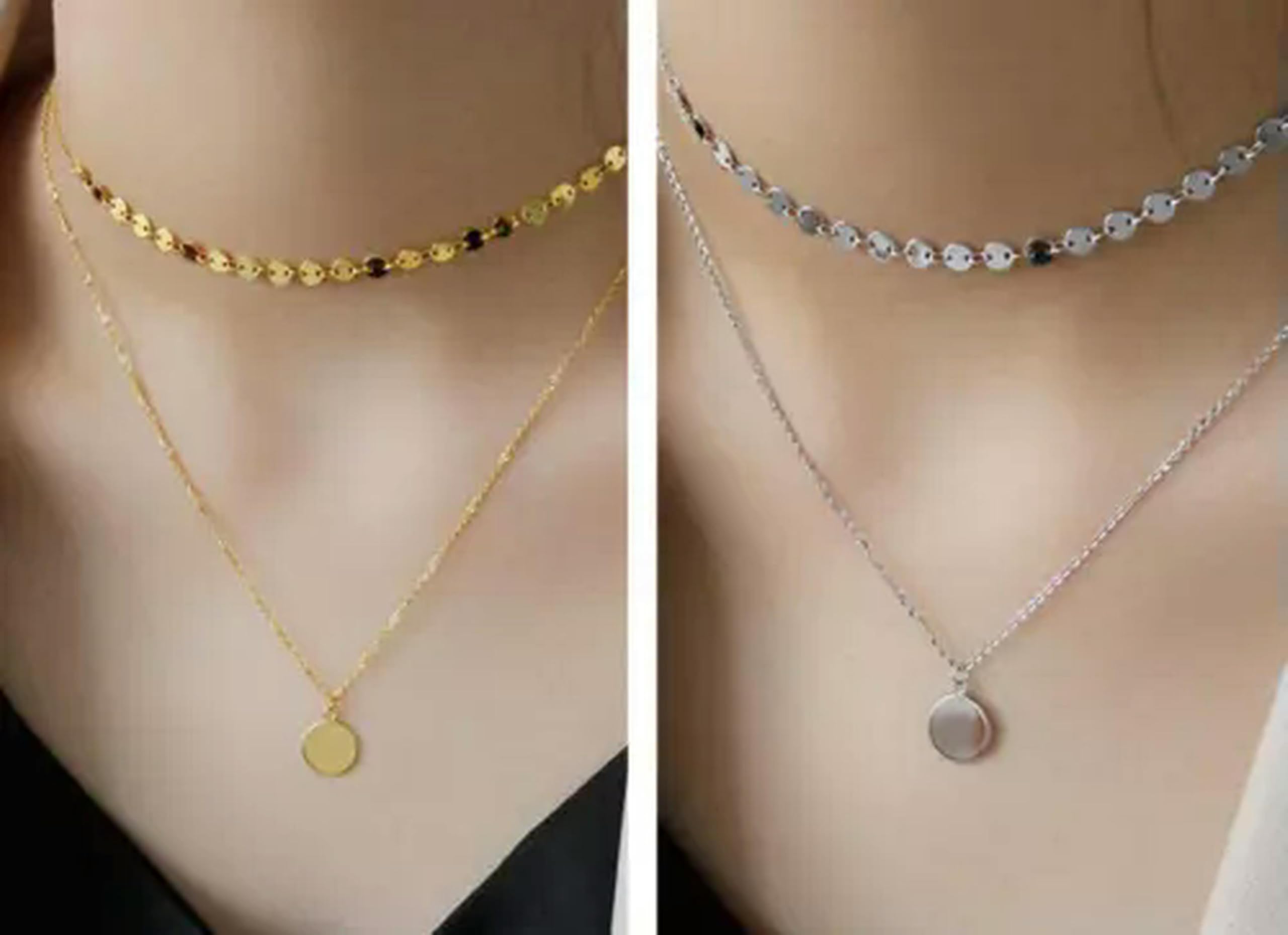 Collier Ras du Cou à 2 Couches en Argent Sterling 925 avec Disque Rond A2359-Gold