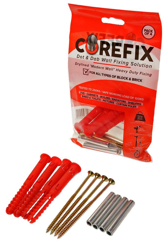 Corefix Dryline Wall Fixing - 4Pk, External Length 100mm, Fastener Material Metal, Fastener Plating Zinc, Head Type Pozidriv, Product Range Corefix - Wall Fixings, Thread Length 73mm, Fasteners & Hard