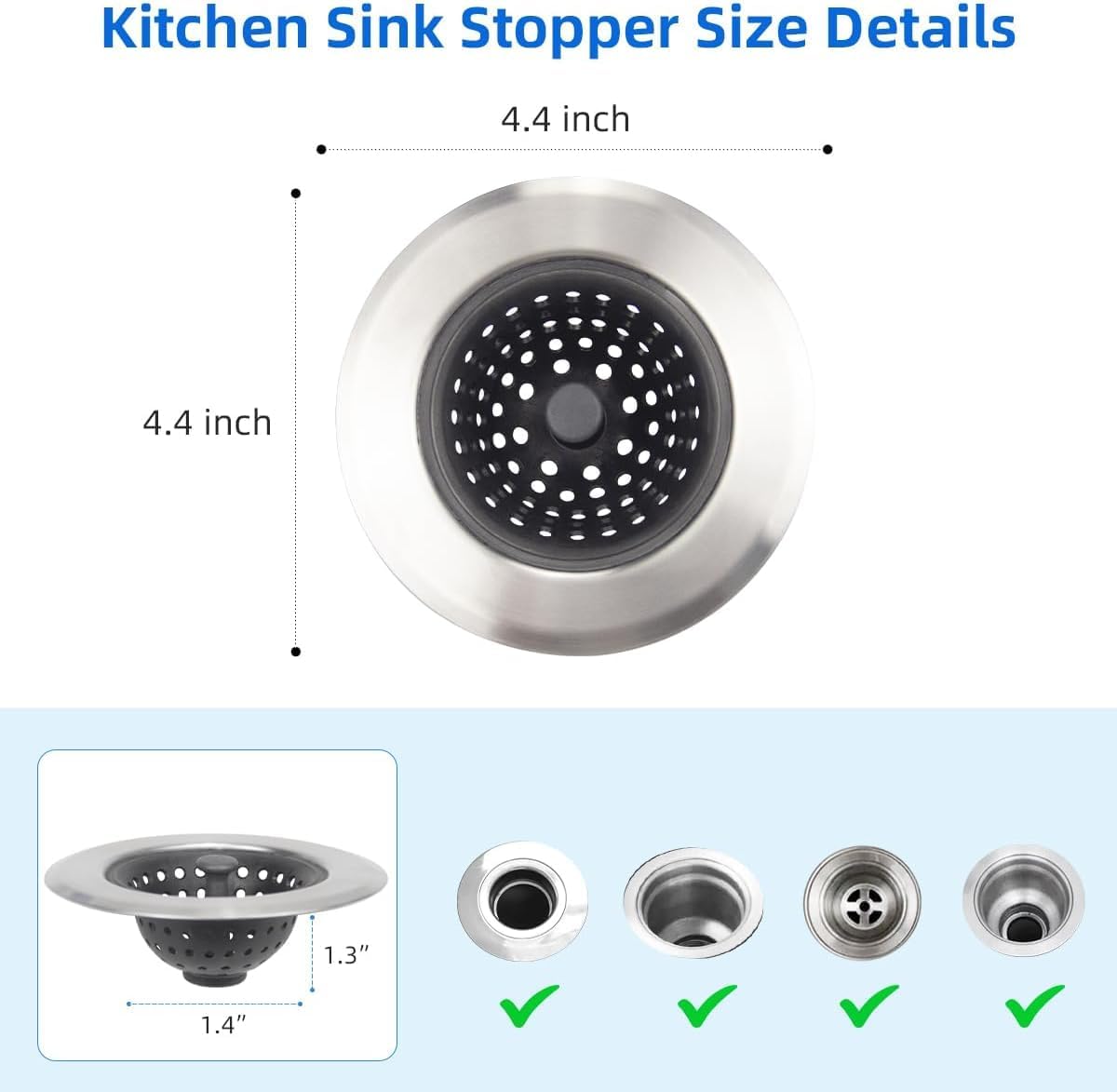 Mi hogar 2 Pack Silicone Sink Strainer for Kitchen Drain, Flexible Silicone & Stainless Steel Sink Drain Stopper, Anti-Clog Drain Catcher for Kitchen Sink, Garbage Disposal Bathroom Use (Silver Black)