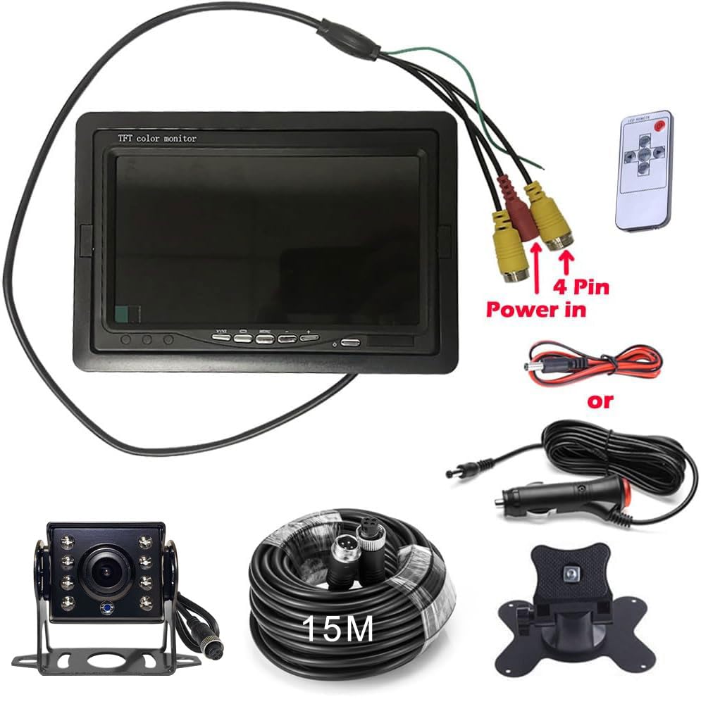 Sistema de Cámara de Marcha Atrás, Monitor TFT LCD HD 7", 12V-24V | Cámara marcha atrás impermeable 12V-24V, visión nocturna IR 8 LEDs, cable 15 m, para camiones, autocaravanas y cosechadoras