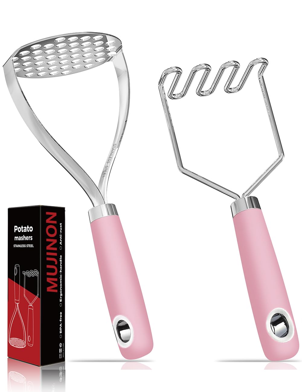 18/0 Stainless Steel Pink Potato Mashers, 10.7-in Kitchen Masher Tool for Avocado Vegetable Sauce Butter, Heavy Duty, Dishwasher Safe, Pack of 2
