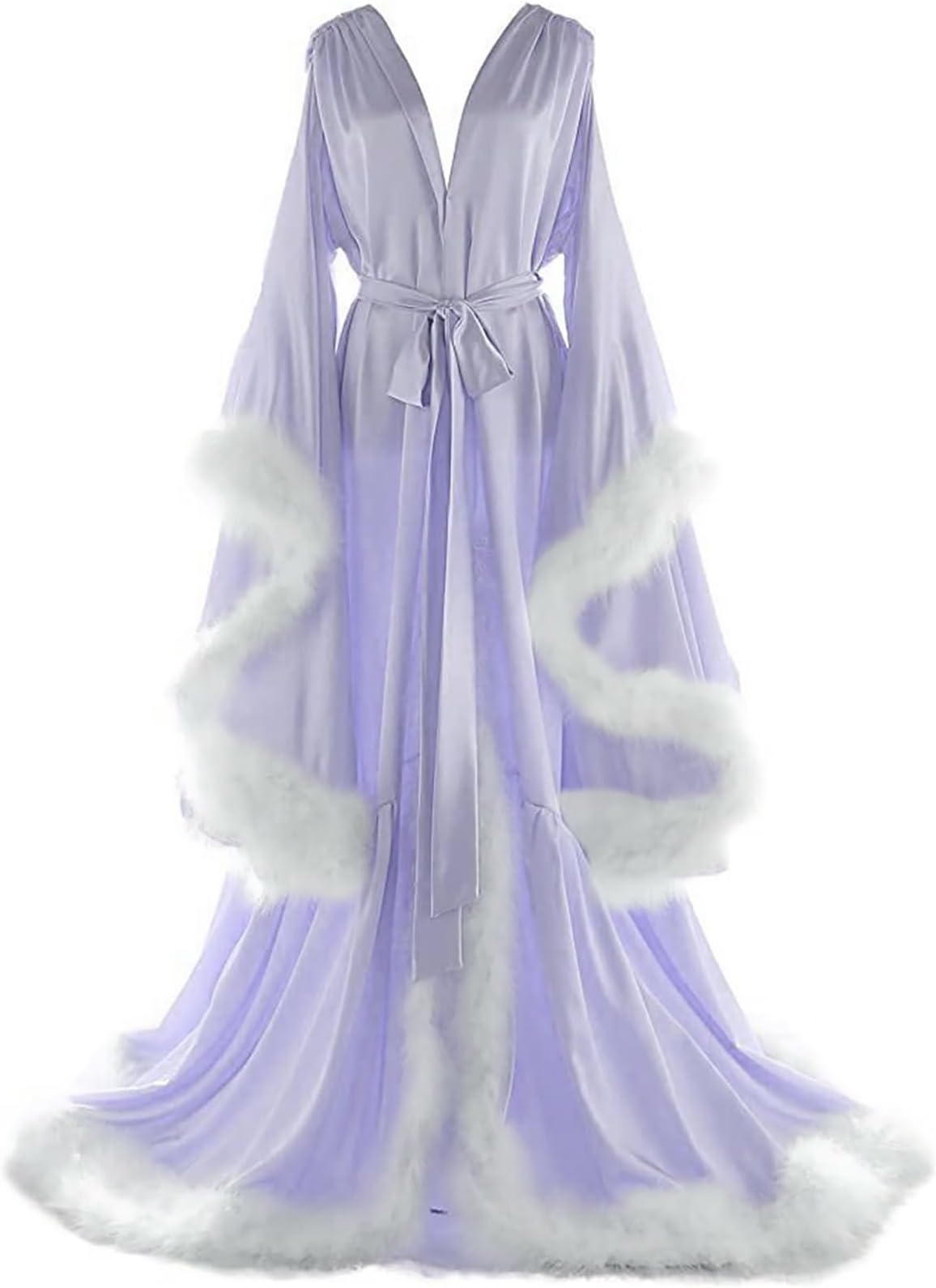 Women's Feather Bridal Robes Old Hollywood Maternity Photoshoot Nightgown Silk Bathrobe Long Lingerie