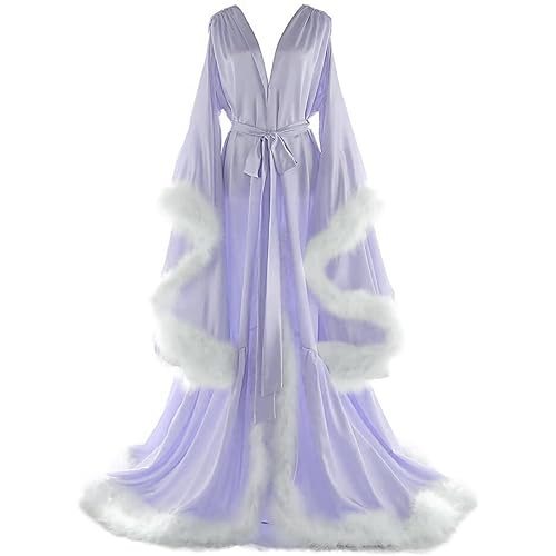 Daily Life Mall Women's Feather Bridal Robes Old Hollywood Maternity Photoshoot Nightgown Silk Bathrobe Long Lingerie - Medium - Light Lilac+white
