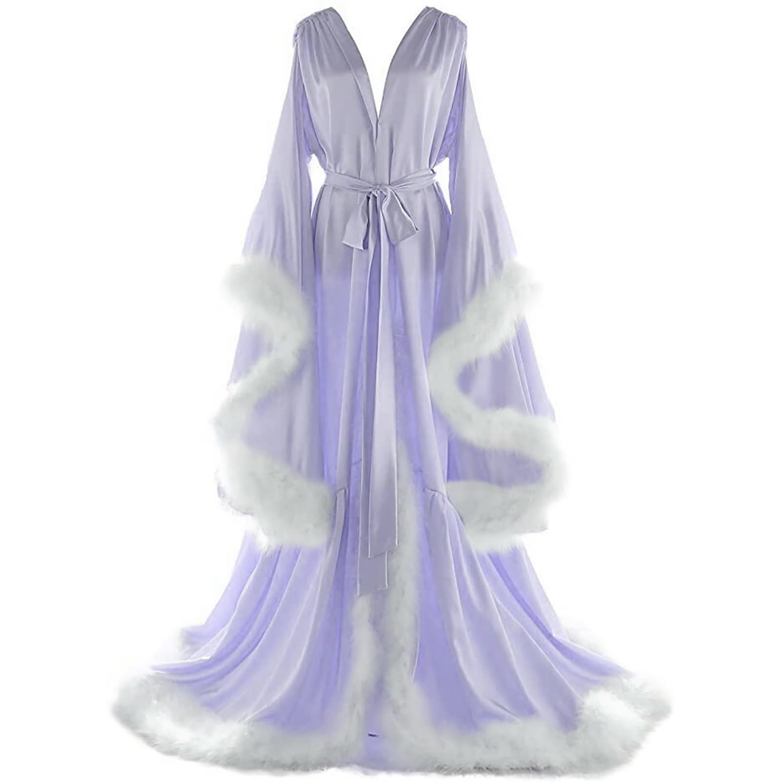 Women's Feather Bridal Robes Old Hollywood Maternity Photoshoot Nightgown Silk Bathrobe Long Lingerie
