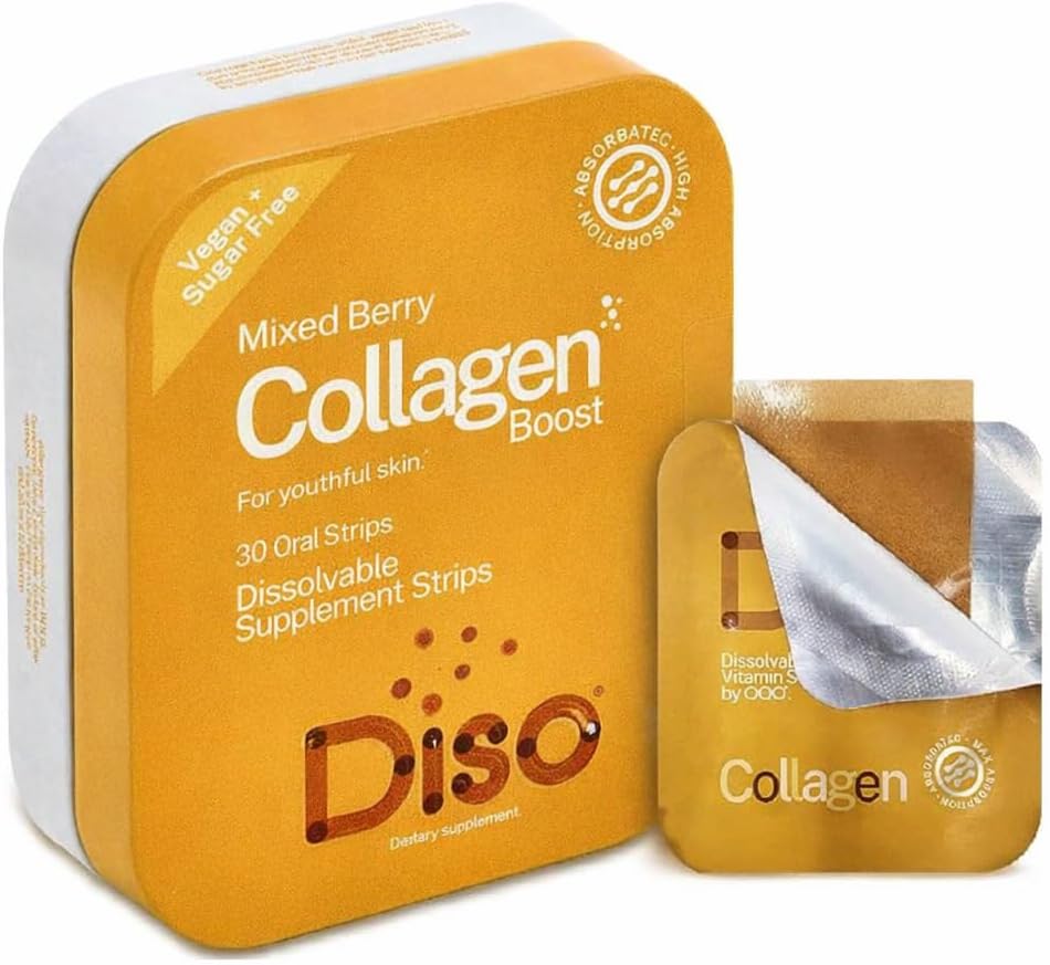 DISO - Collagen Boost - Fast-Dissolving Oral Strips, Mixed Berry Flavor, Vegan, Sugar Free, Maximum Absorption to Help Produce Collagen, Gluten Free - 30 Individually-Wrapped Dissolvable Strips