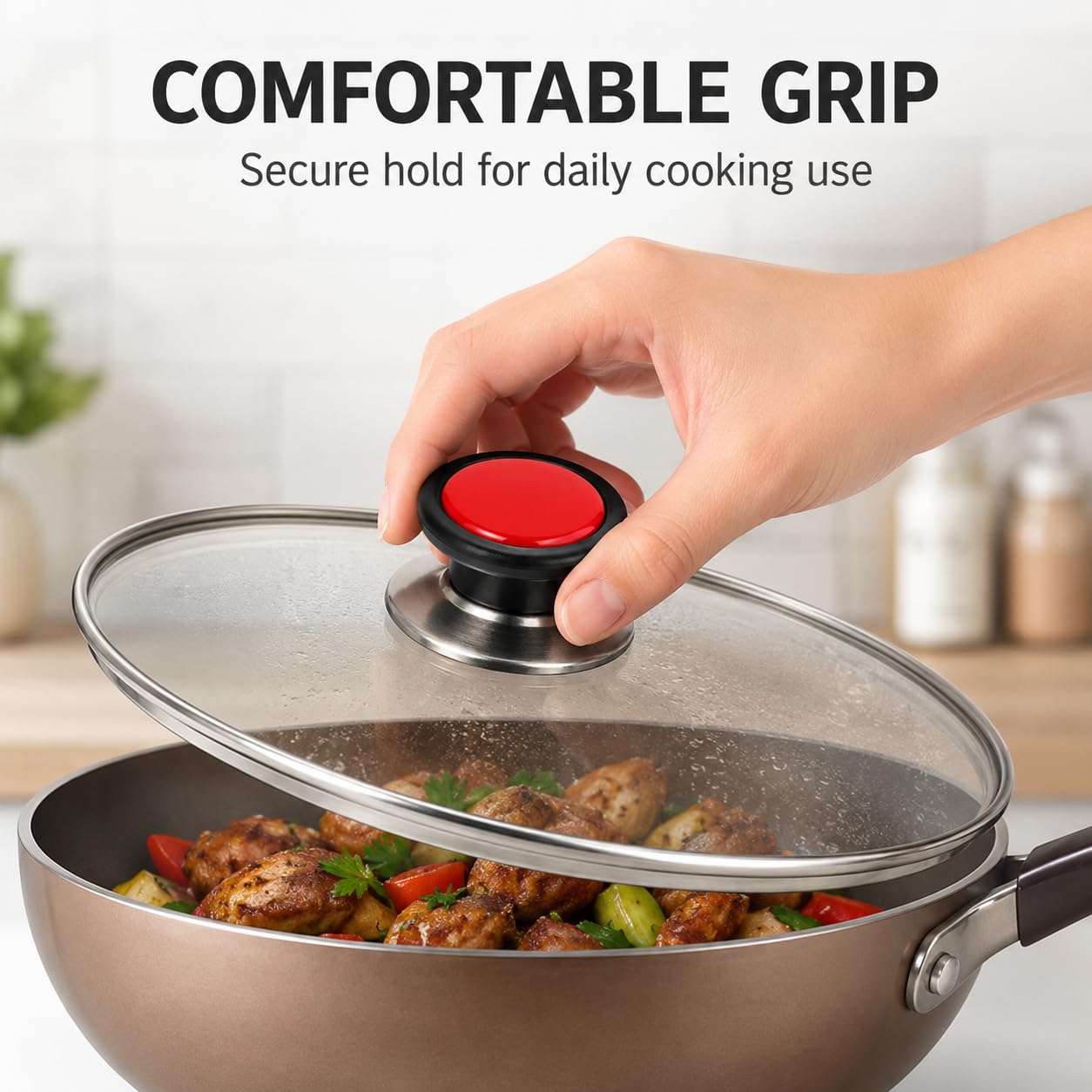 MAPPERZ Universal Glass Lid Knob Handle, Black and Red 5.5 cm Base, 4.5 cm Top, 3 cm Height, Compatible with Kadai, Biryani Pot, Fry Pan Round Cap Handle with Adjustable Screw (Pack Of 1) — Amazon image 3