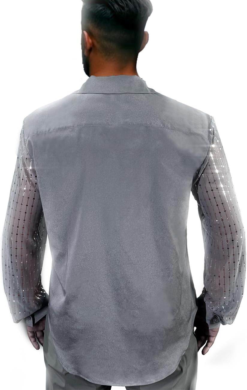 Mens Mesh Sequins See Through 70s Disco Long Sleeve Button Down Shirts - Image 4