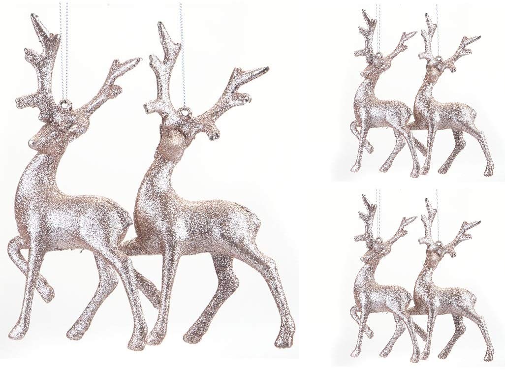 Snow White 6 Pack 16cm Rose Gold Glitter Hanging Reindeer Christmas Tree Decoration