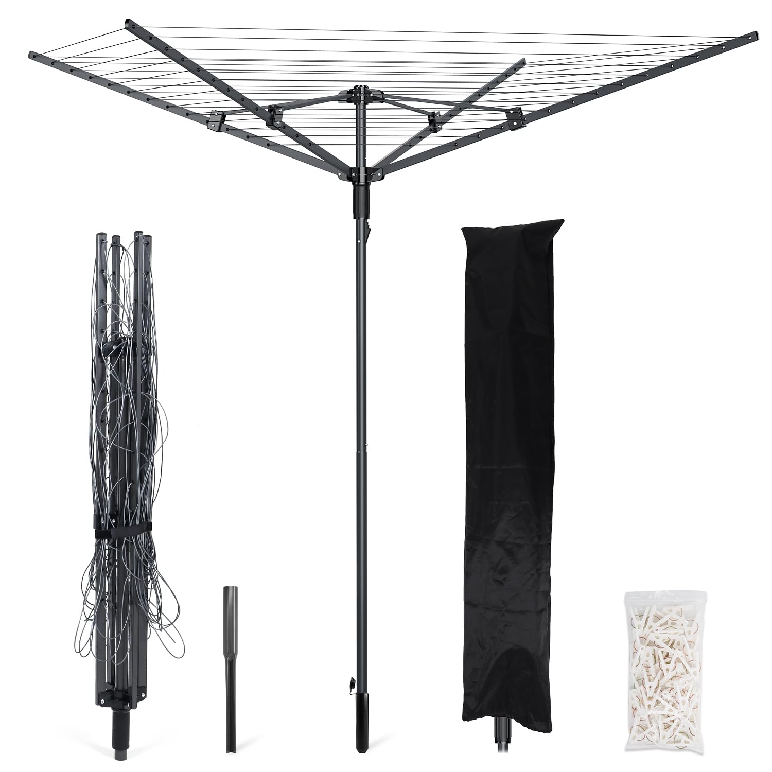 Outdoor Umbrella Clothes Drying Rack,Rotary Clothesline Adjustable Height Drying Rack Clothing 4 Arms 12 Lines with 165 Feet Drying Space,Steel Frame Laundry Drying Rack with Ground Spike for Backyard