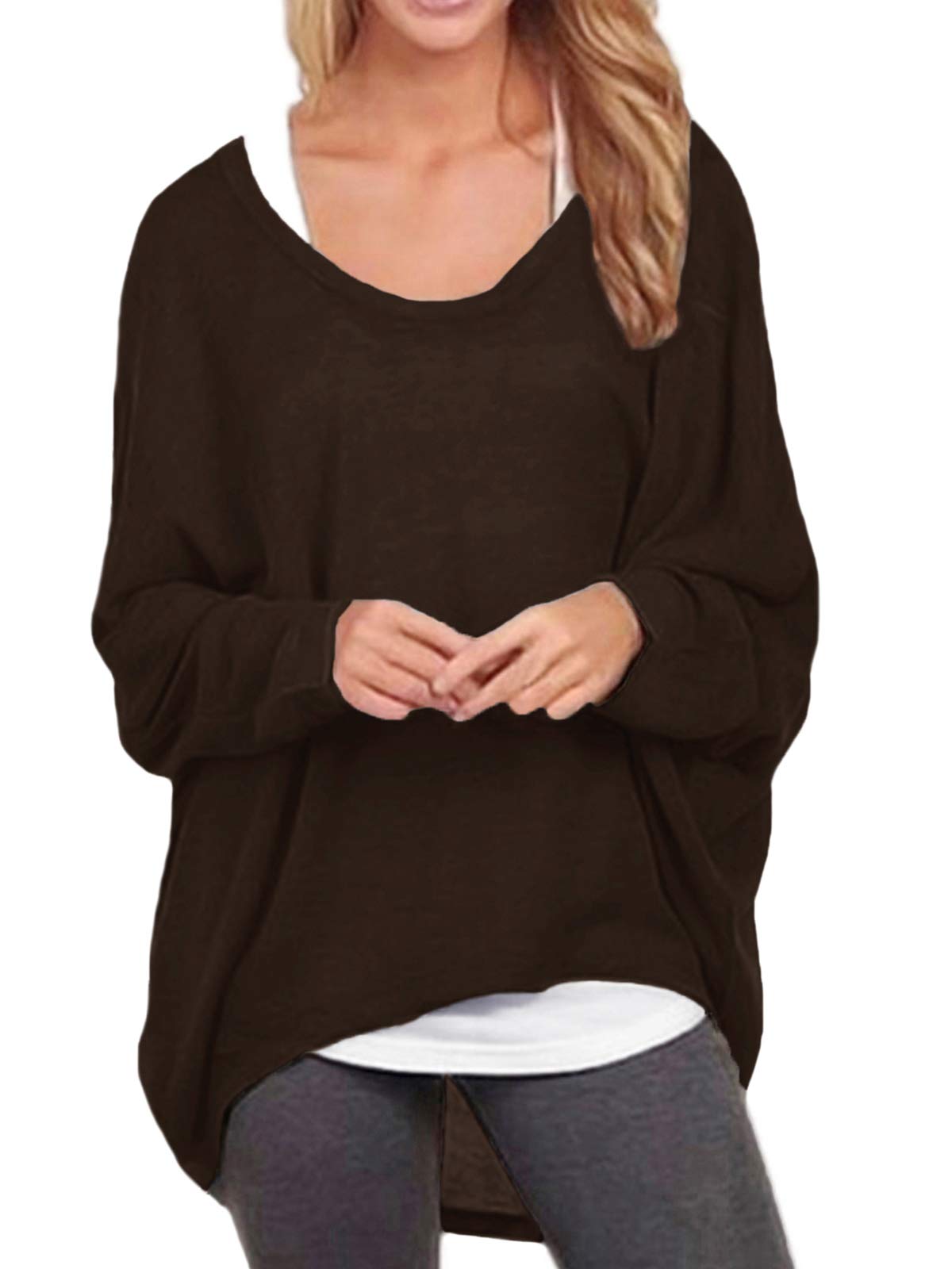 Zanzea Women's Coffee Sexy Loose Solid Irregular Long Sleeve Baggy Jumper Casual Tops Blouse T-Shirt S