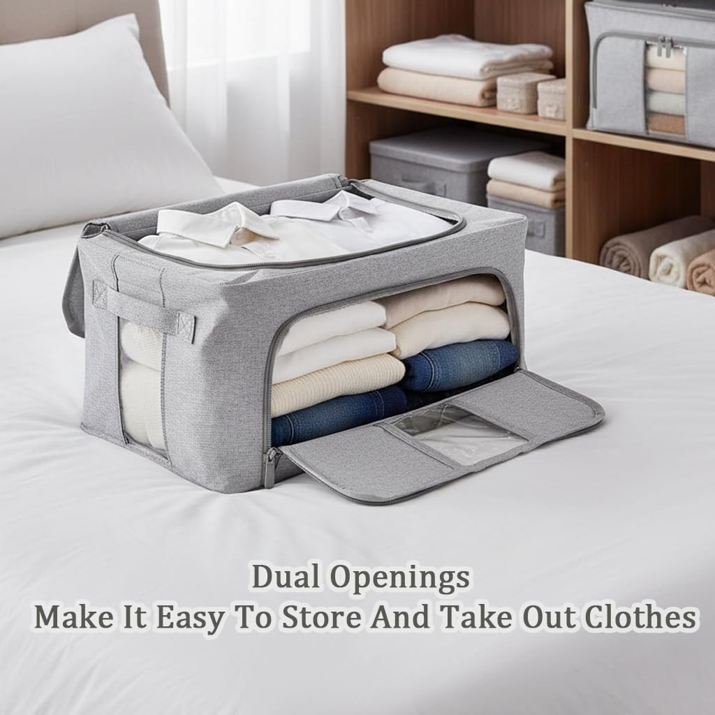 Cajas Almacenaje Ropa, con metálico 5mm, base con soporte PP, 66L | Gris, 3 PCS, Algodón y Lino, Bolsas Plegables, Para Organizador Armario, edredones, colchas, mantas